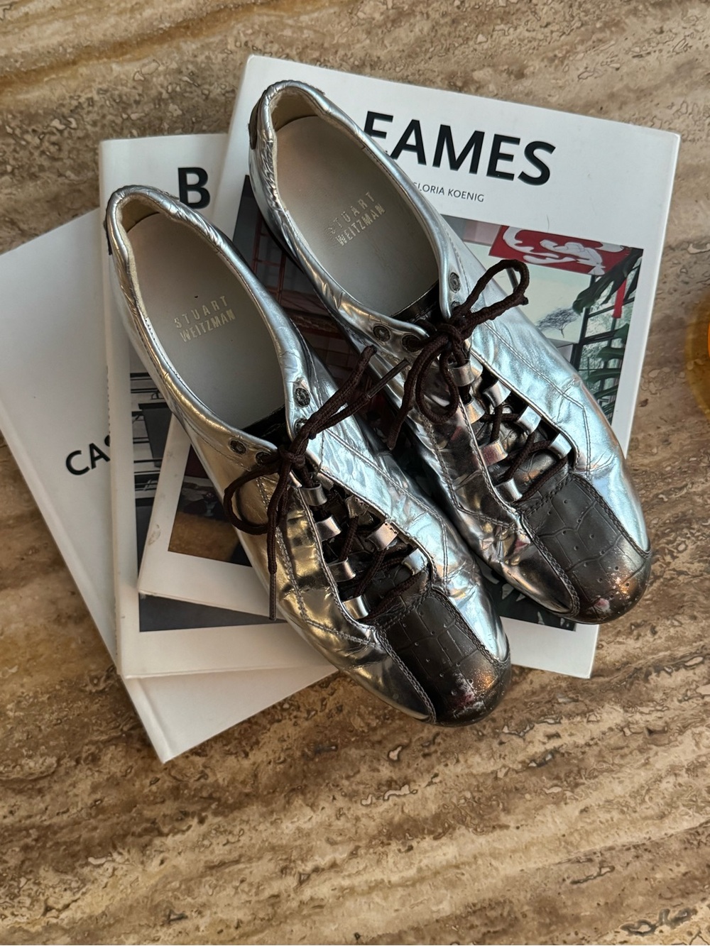 Stuart Weitzman Silver Metallic Lace-Up Women's Bowling Sneakers - Vintage